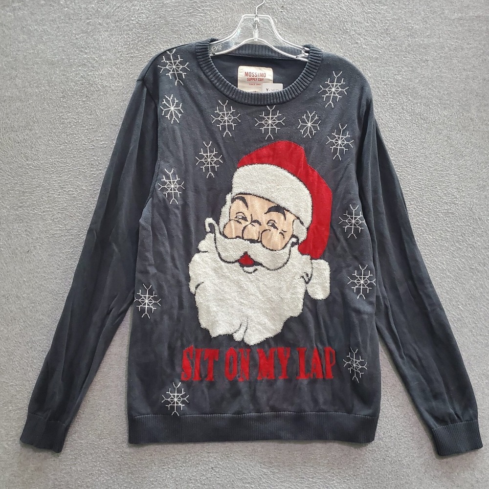 Mossimo Men Ugly Sweater Large Gray Santa Claus Sit On My Lap Christmas Pullover